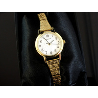 Ladies Gold Stretch Band Watch Mother of Pearl Dial 22mm 